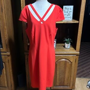 Connected Apparel Vibrant Orange-Red Midi Dress Size 14 EUC